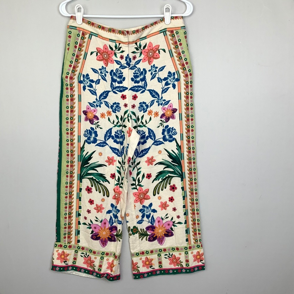 House of Harlow 1960 Sz 6 Linen Floral Print Wide Leg Cropped Pants Boho Garden